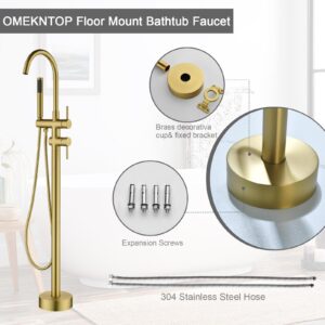 Freestanding Bathtub Faucet Floor Mount Tub Filler Brush Gold, OMEKNTOP Modern Freestanding Tub Faucet with 360 Swivel Gooseneck Spout and Handheld Shower, Standing Tub Faucet for Bathroom