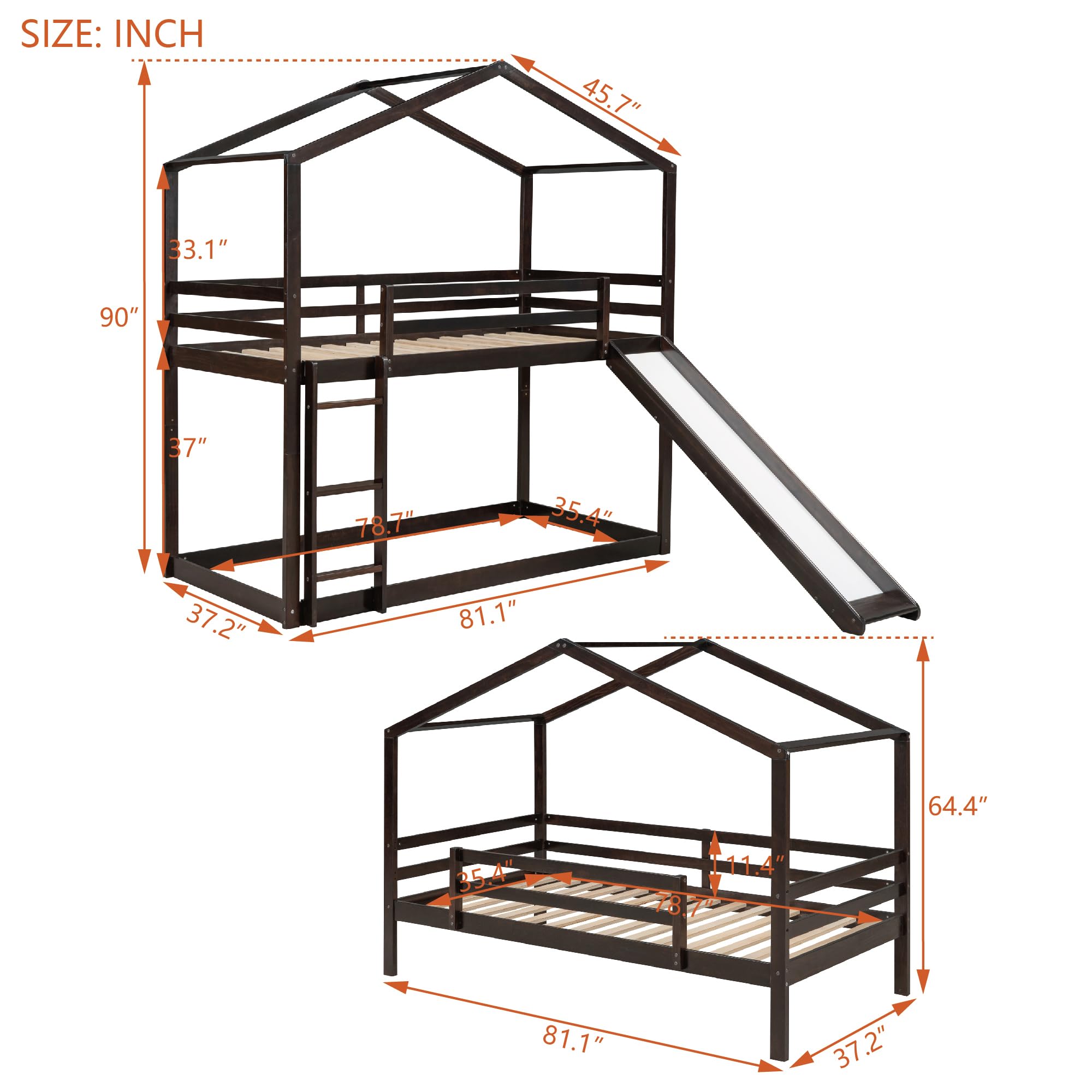 LostCat Twin Over Twin House Bunk Bed with Slide, Ladder, and Roof, Twin Size Wood Bed Frame with Safety Guardrail for Kids, Teens, Boys, Girls, Wooden Slats Support, No Box Spring Needed, Espresso