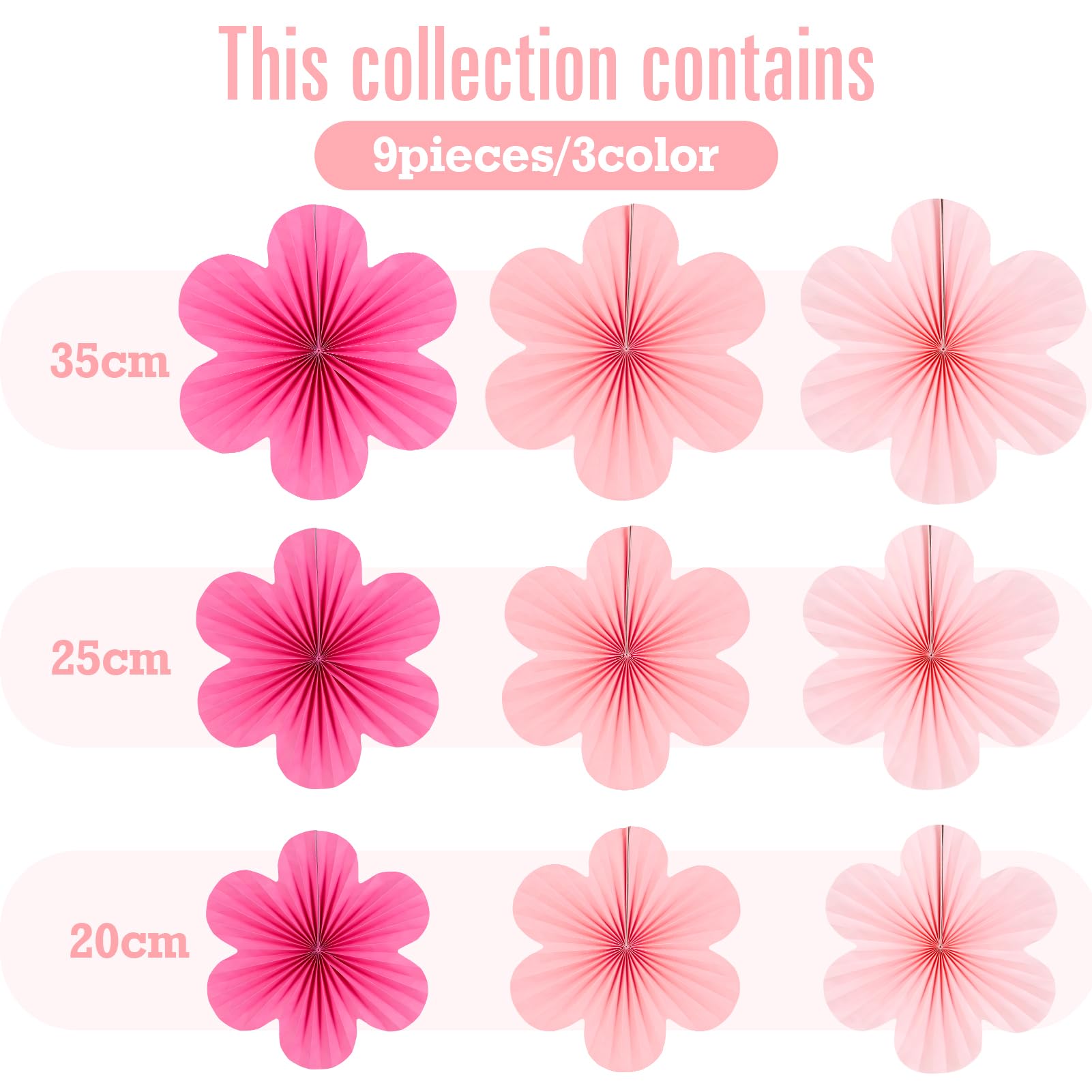 SUNBEAUTY Paper Decoration, Set of 9 - Hot Pink Flower Hanging Ornaments, Party Fans & Floral Backdrop for Weddings, Baby Showers, Birthdays & More