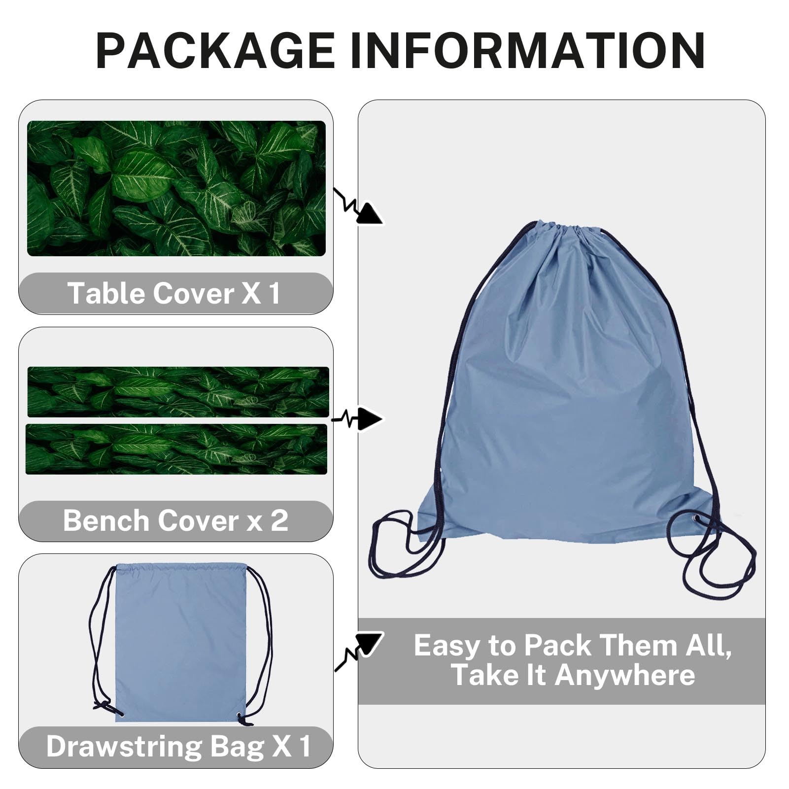 Picnic Table Cover with Bench Covers Elastic Edges, Green Leaves Fitted Table Cover, Outdoor Patio Camping Essentials 72 Inch 3PCS, Waterproof Fitted Tablecloth with Drawstring Bag