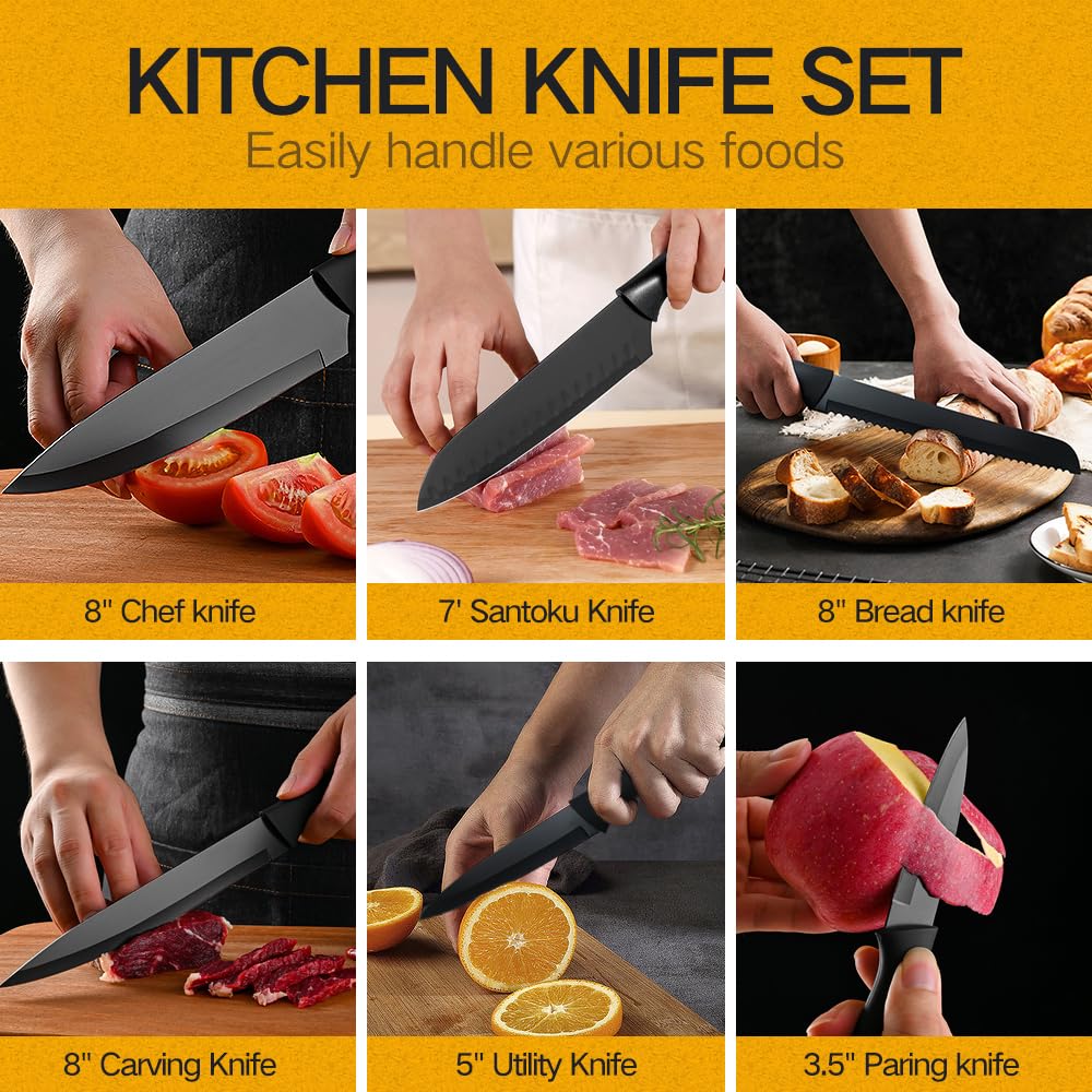 COOSNUG Knife Sets for Kitchen with Block Japanese Stainless Steel Kitchen Knife Set, Sharp Knife Block Set with Non-slip Ergonomic Handle,Chef Knife Set (Black)