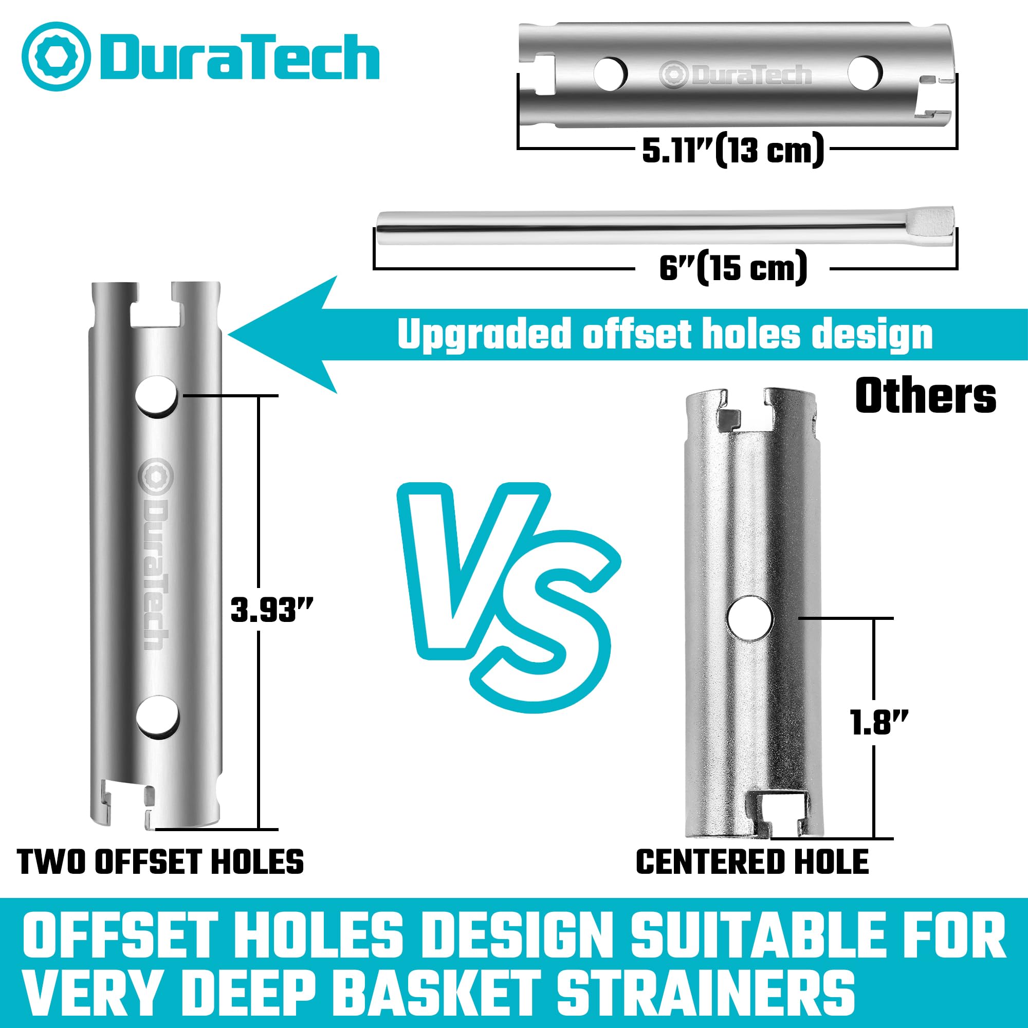 DURATECH Long Reach Basket Strainer Wrench, Universal Sink Strainer Wrench with Sliding Handle, Double End, 1/2" & 3/8 "