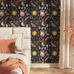 BEETAL Black Navy Fantasy Magical Sun Moon Crystal Butterfly Mushroom Stars Peel and Stick Wallpaper Easy Peel Off Contact Paper Stick on Adhesive Wall Paper for Bathroom Waterproof Renter