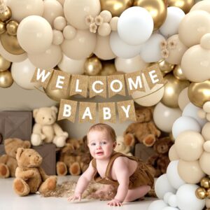 Boho Baby Shower Decorations-97Pcs Burlap Grain Baby Boxes,Nude and Gold Balloons Arch Kit and "WELCOME BABY" Banner for Neutral Baby Shower Decorations,Birthday Party Supplies,Gender Reveal