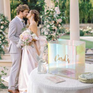 OurWarm Iridescent Acrylic Wedding Card Box with String Light, DIY Gift Card Box for Wedding Reception, Wedding Envelope Money Card Box Holder for Party Graduation Baby Shower Birthday Decorations