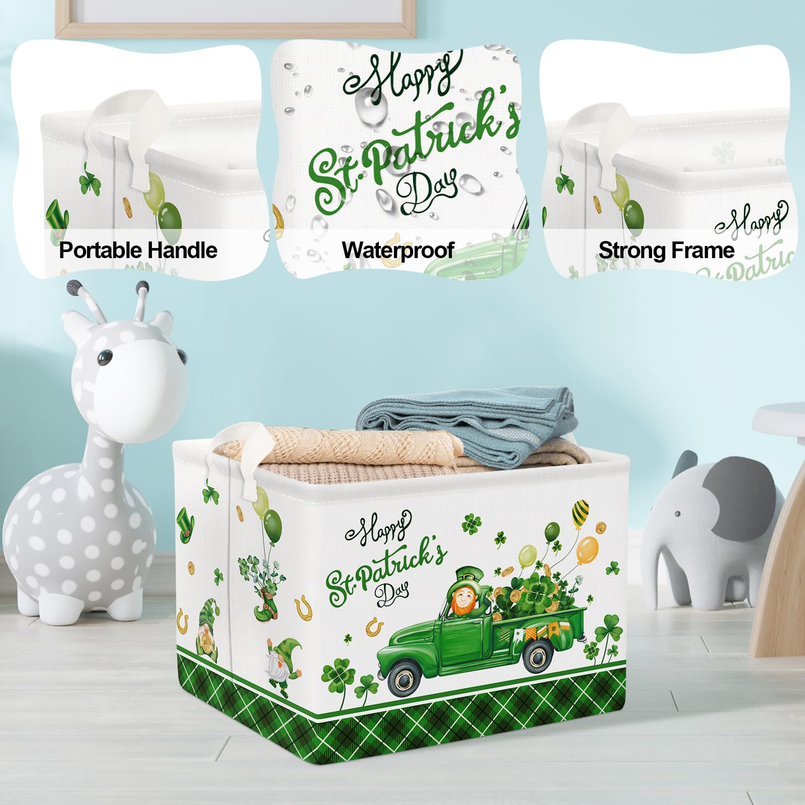 Clastyle St. Patrick's Day Four-leaf Clover Gift Basket Green Balloon Gnome Truck Kid Shelf Basket Rectangle Buffalo Plaid Clothes Book Toy Toy Storage Cube, 36L