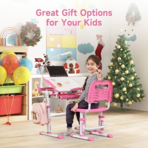 Real Relax Height Adjustable Childrens Desk and Chair Set, Kid's School Workstation with Tilt Desktop, Pink