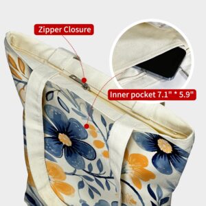 Canvas Tote Bag With Zipper Floral Tote Bag Women Canvas Tote Bag Pocket Handles Double-Sided Pattern Flower Book Tote Shoulder Bag Canvas Bag for Grocery Shopping Travel Commuting Daily College Gifts