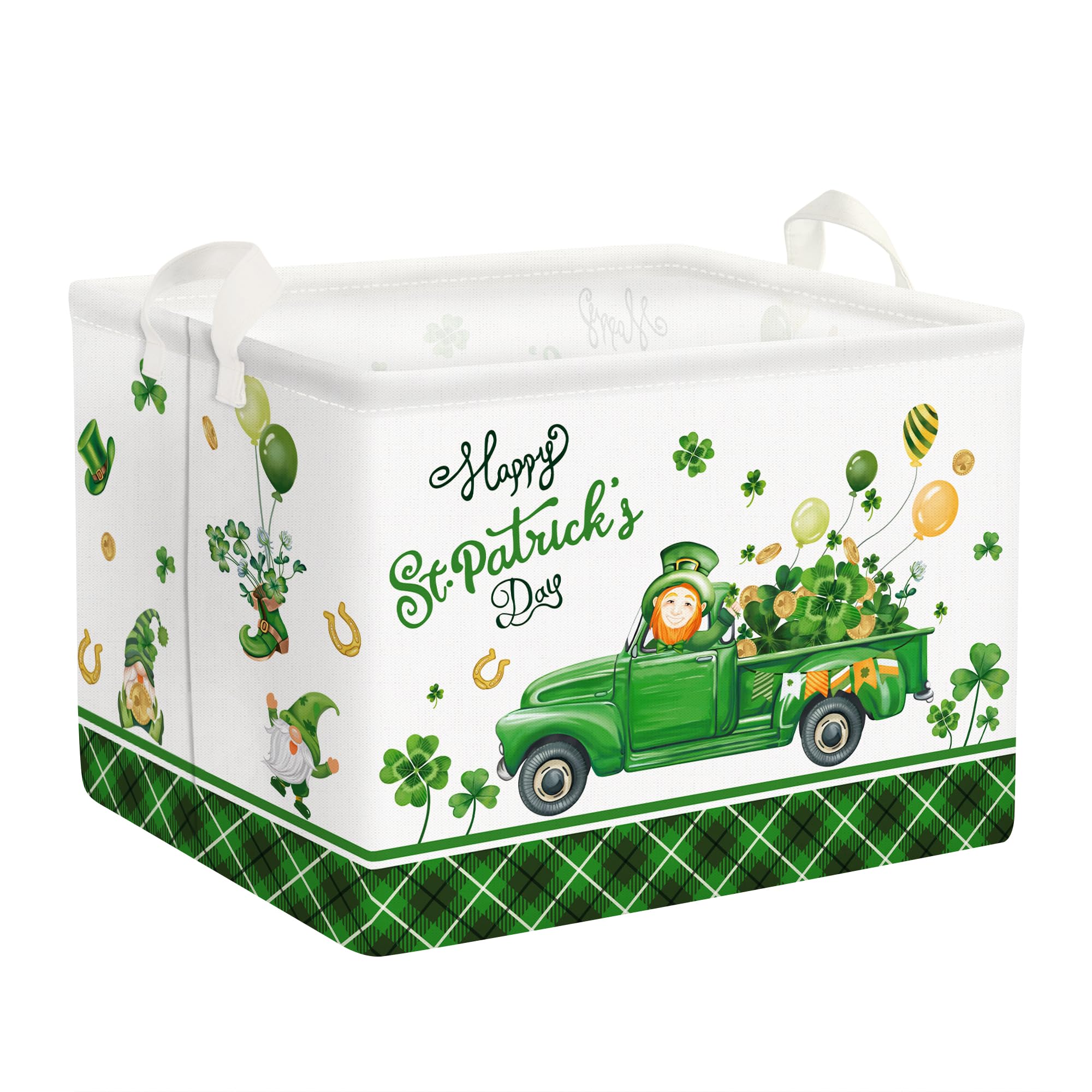 Clastyle St. Patrick's Day Four-leaf Clover Gift Basket Green Balloon Gnome Truck Kid Shelf Basket Rectangle Buffalo Plaid Clothes Book Toy Toy Storage Cube, 36L