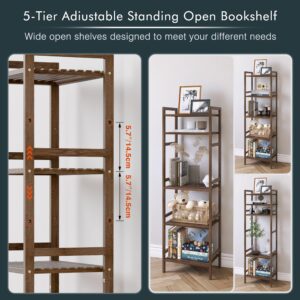 HITNET Bamboo Book Shelf, Tall Narrow Bookcase, Bathroom Shelving Unit 5 Tier Floor Standing Adjustable Bookshelf for Small Spaces, Walnut