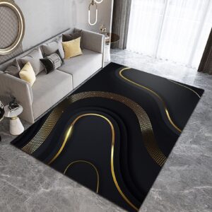 TAZECE Abstract Black Gold Ribbon Living Room Rug, Stylish 3D Black Background Soft Breathable Bedroom Rug, with Anti-Slip Backing, Easy to Clean Rugs, for Office Restaurant Entrance 6x8ft