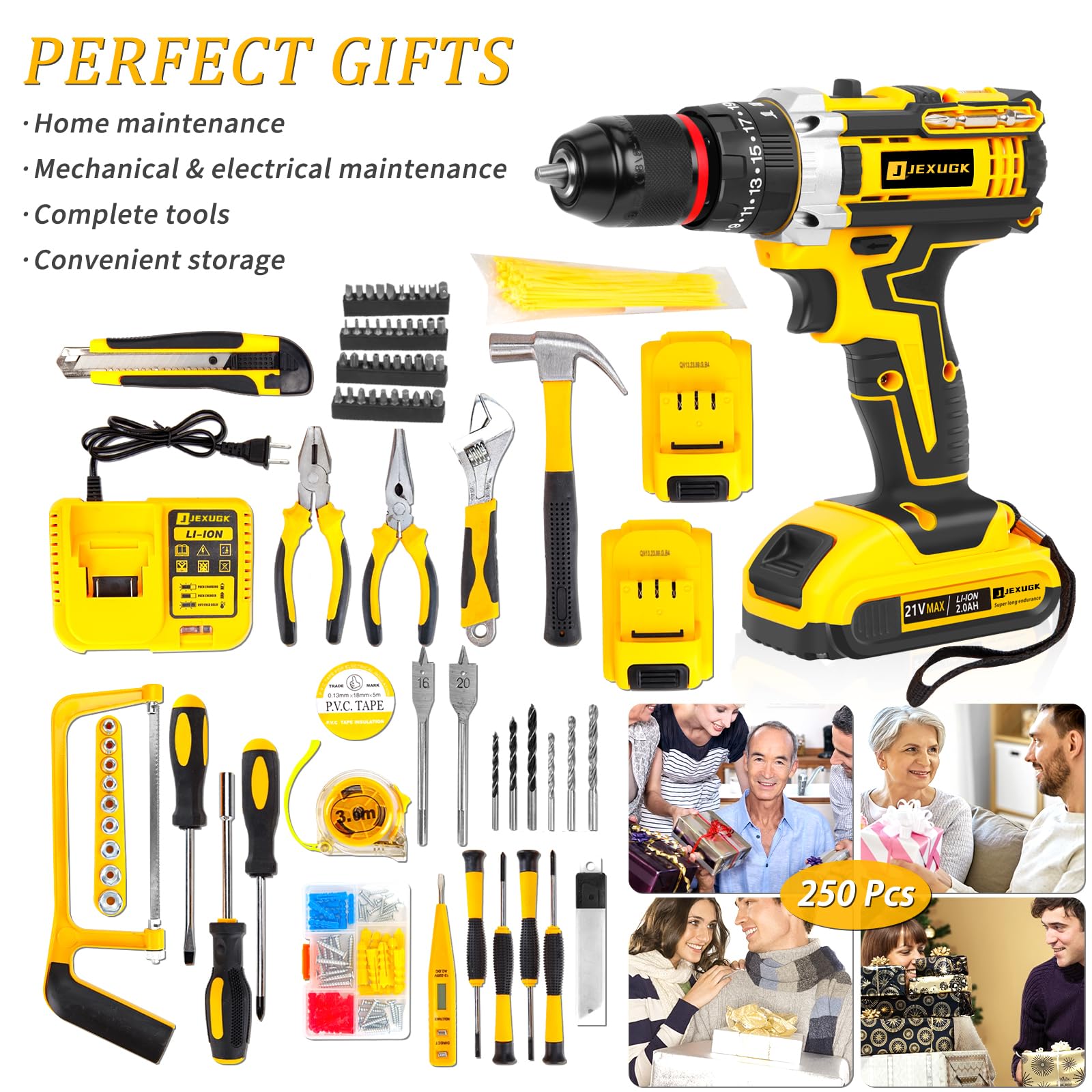 JEXUGK Home Tool Set with Power Drill, 245PCS Cordless Drill Set with 21V Battery Drill Driver, All Purpose Household Repairing Tool Kit with Drill, 25+3 Clutch Impact Combo Kit With Tool Bag