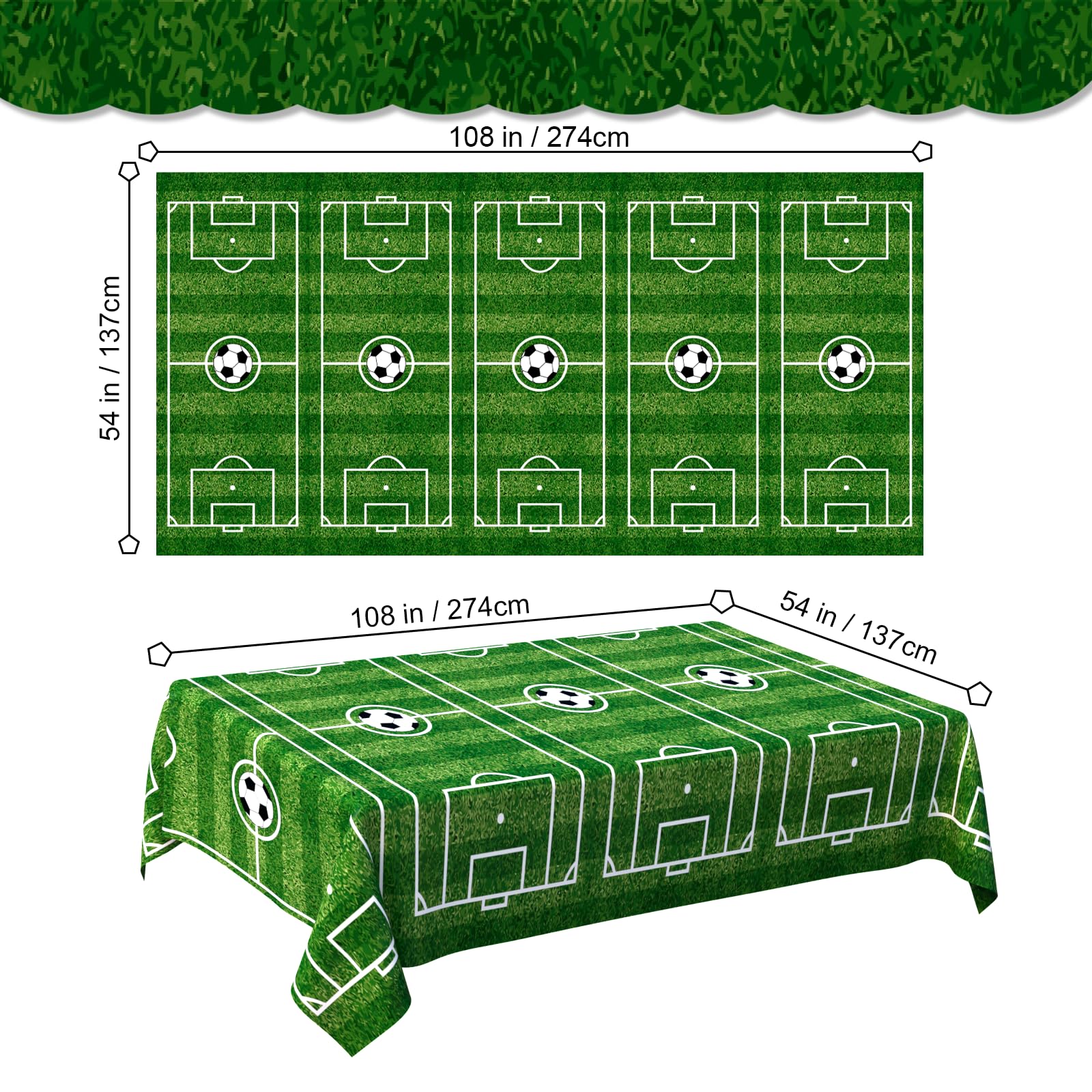 2 Pack Green Soccer Table Cloth Plastic Soccer Party Decorations Tablecloth Disposable Sports Theme Party Table Covers Soccer Theme Table Cloth for Birthday, Outdoor Picnic, Party Supplies 54 x 108 In