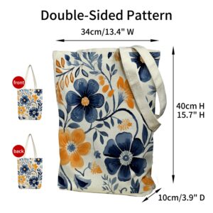 Canvas Tote Bag With Zipper Floral Tote Bag Women Canvas Tote Bag Pocket Handles Double-Sided Pattern Flower Book Tote Shoulder Bag Canvas Bag for Grocery Shopping Travel Commuting Daily College Gifts