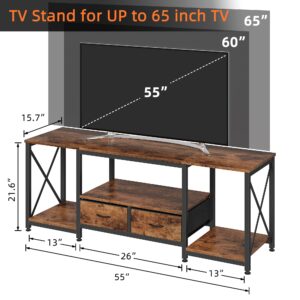 GYIIYUO TV Stand with Fabric Drawer for 55 60 65 Inches TV - Entertainment Center and Industrial TV Console Table with Open Storage Shelves for Living Room, Bedroom - 55.1" Rustic Brown