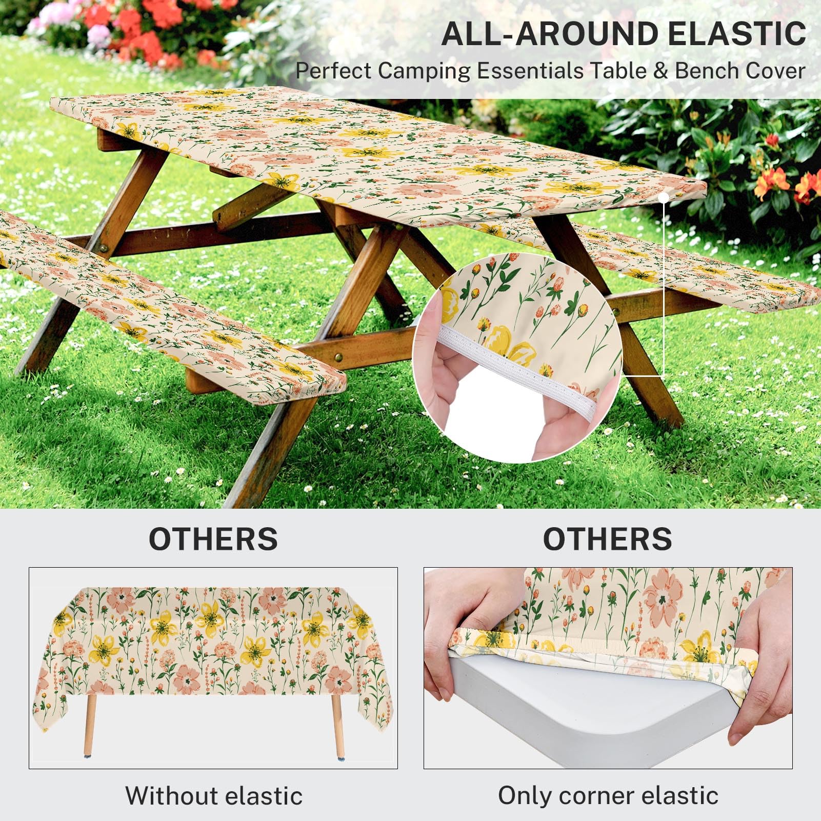 Britown Picnic Table Cover with Bench Covers Elastic Edges, Wild Flower Fitted Table Cover, Outdoor Patio Camping Essentials 72 Inch 3PCS, Waterproof Camping Fitted Tablecloth with Drawstring Bag