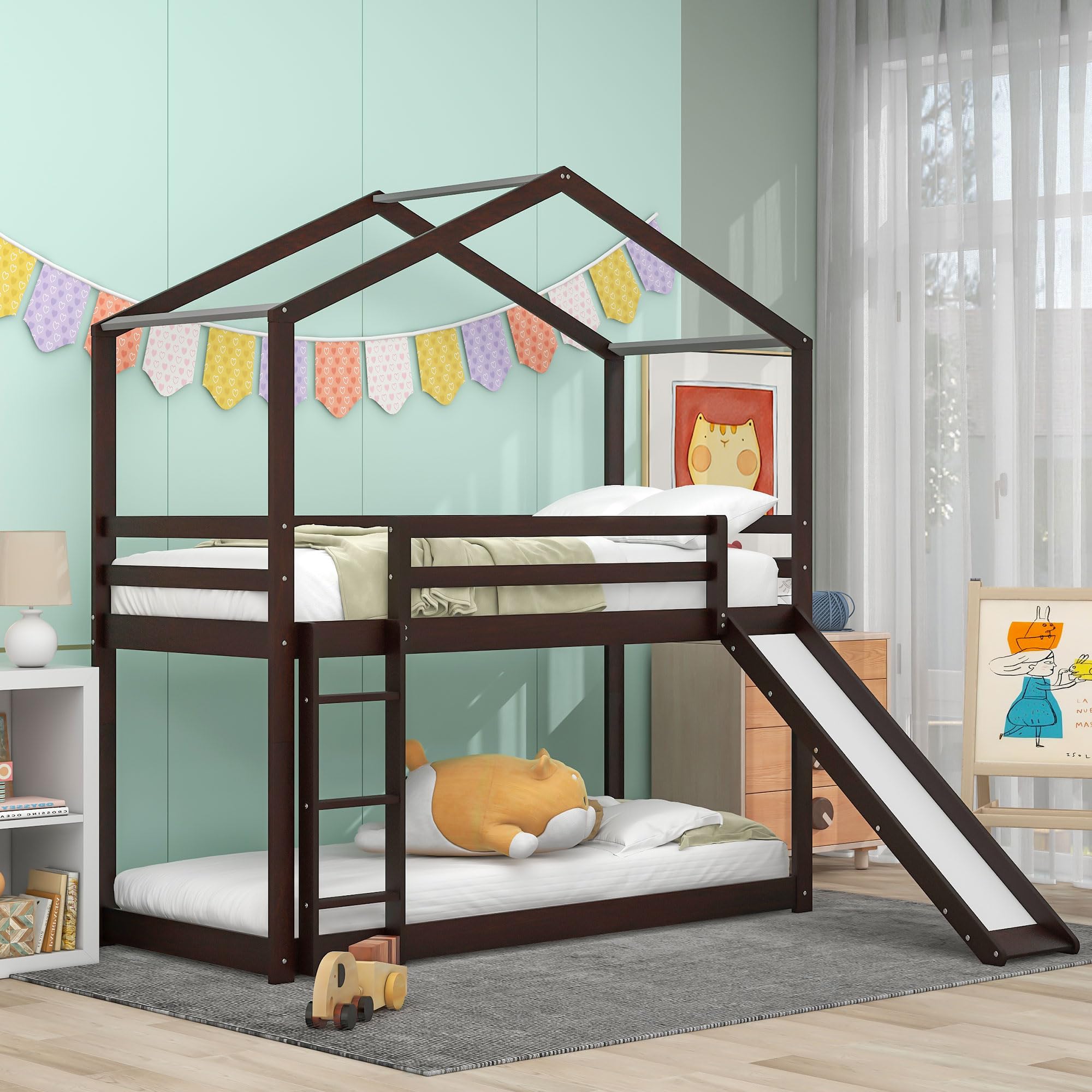 LostCat Twin Over Twin House Bunk Bed with Slide, Ladder, and Roof, Twin Size Wood Bed Frame with Safety Guardrail for Kids, Teens, Boys, Girls, Wooden Slats Support, No Box Spring Needed, Espresso