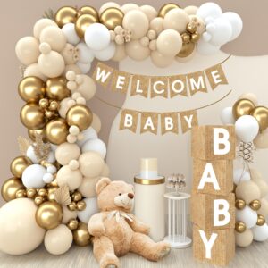 boho baby shower decorations-97pcs burlap grain baby boxes,nude and gold balloons arch kit and "welcome baby" banner for neutral baby shower decorations,birthday party supplies,gender reveal