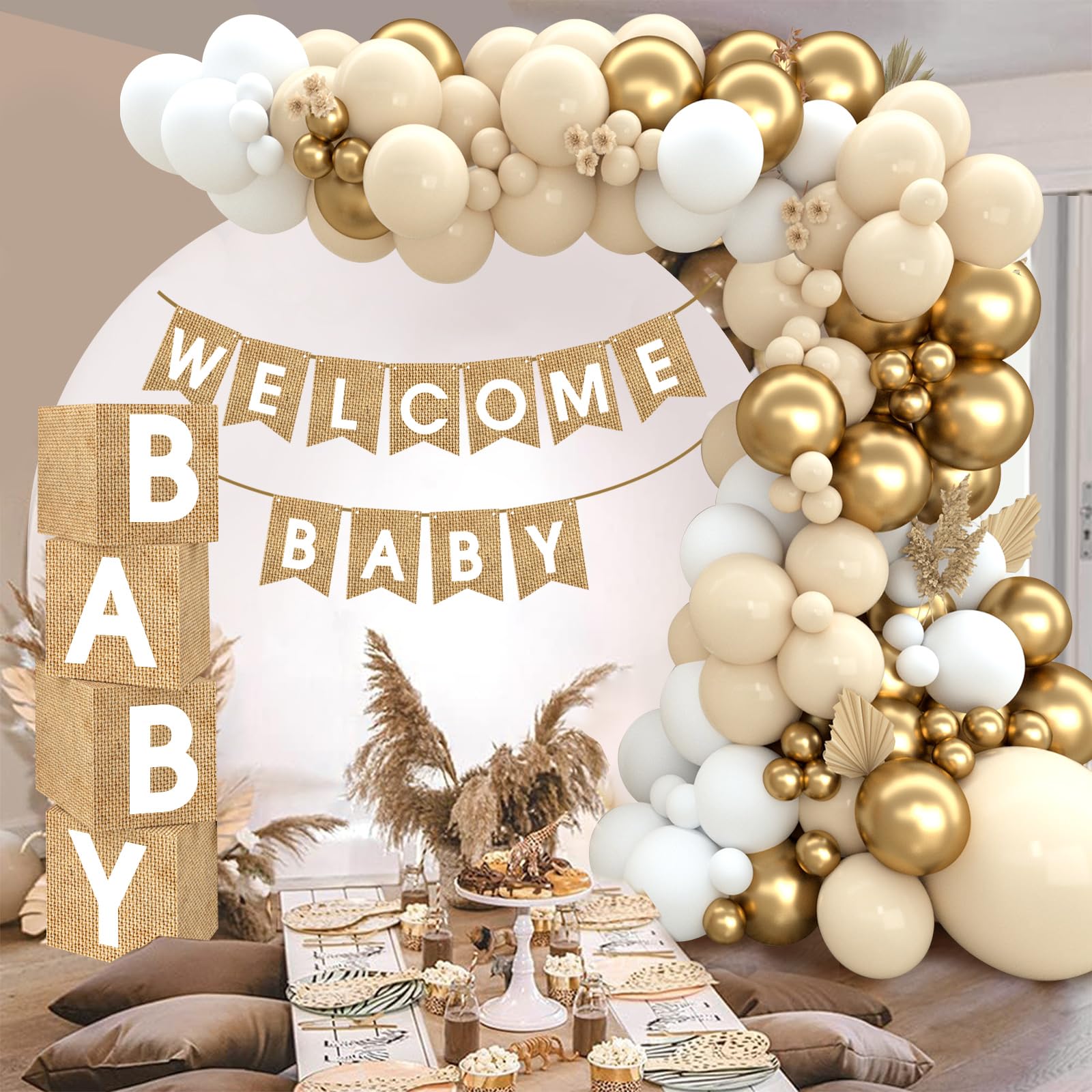 Boho Baby Shower Decorations-97Pcs Burlap Grain Baby Boxes,Nude and Gold Balloons Arch Kit and "WELCOME BABY" Banner for Neutral Baby Shower Decorations,Birthday Party Supplies,Gender Reveal