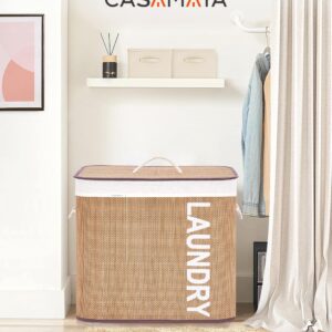 CASAMAYA Laundry Basket, 33.6 Gal (127L) Bamboo Laundry Hamper with 2 Section, Hamper with lid, Foldable, Removable and Machine Washable Liner, for Laundry Room, Bedroom, Natural LHB127Y01