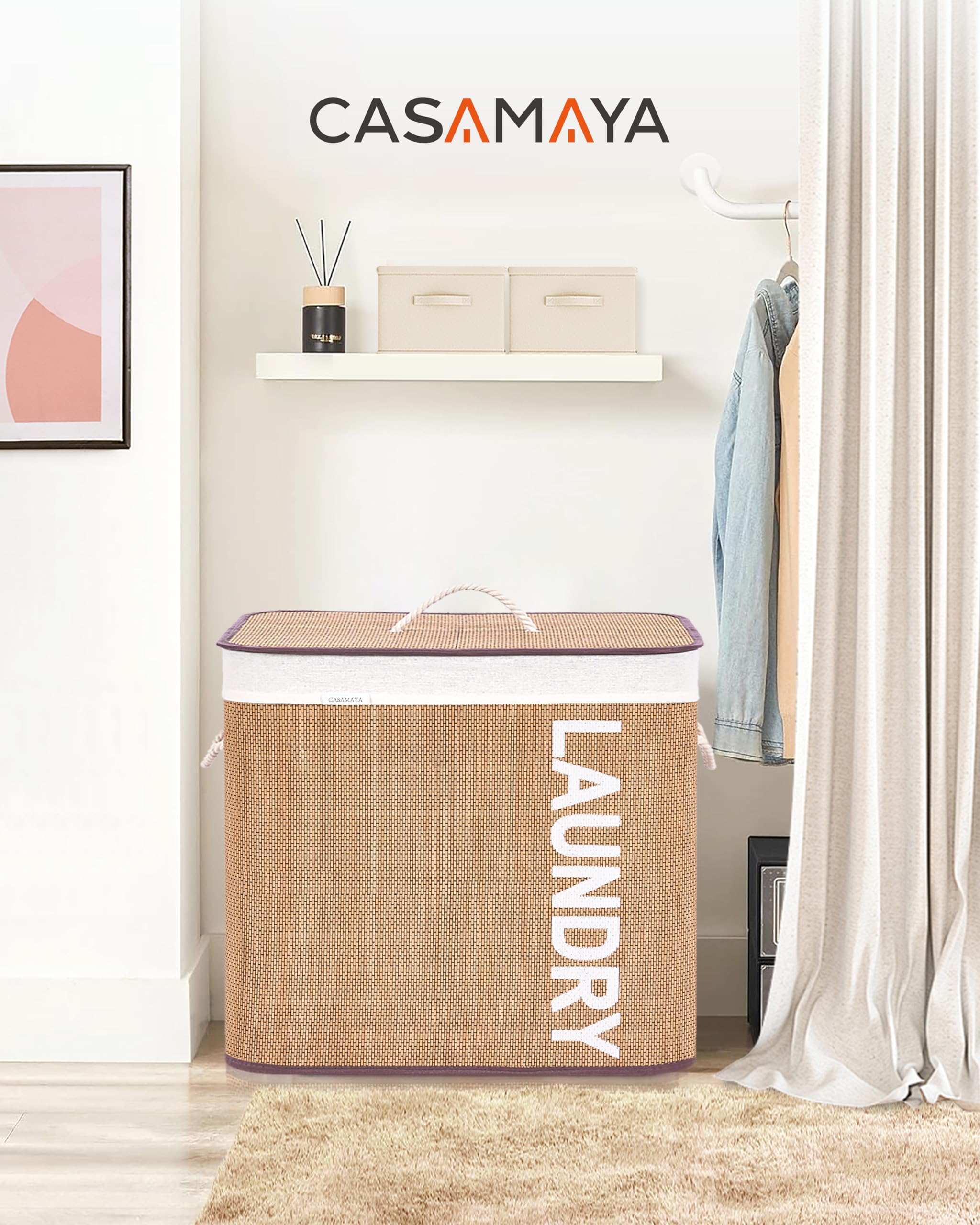 CASAMAYA Laundry Basket, 33.6 Gal (127L) Bamboo Laundry Hamper with 2 Section, Hamper with lid, Foldable, Removable and Machine Washable Liner, for Laundry Room, Bedroom, Natural LHB127Y01