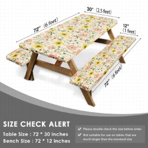 Britown Picnic Table Cover with Bench Covers Elastic Edges, Wild Flower Fitted Table Cover, Outdoor Patio Camping Essentials 72 Inch 3PCS, Waterproof Camping Fitted Tablecloth with Drawstring Bag