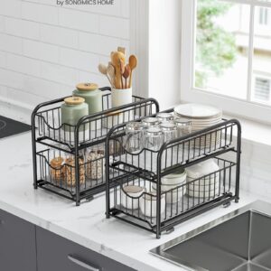 SONGMICS 2-Tier Pull Out Cabinet Organizers, Under Sink Organizer, Bathroom Organizer and Storage, Sliding Basket Drawers, Stackable for Kitchen, Bathroom, Ink Black UKCS017B01