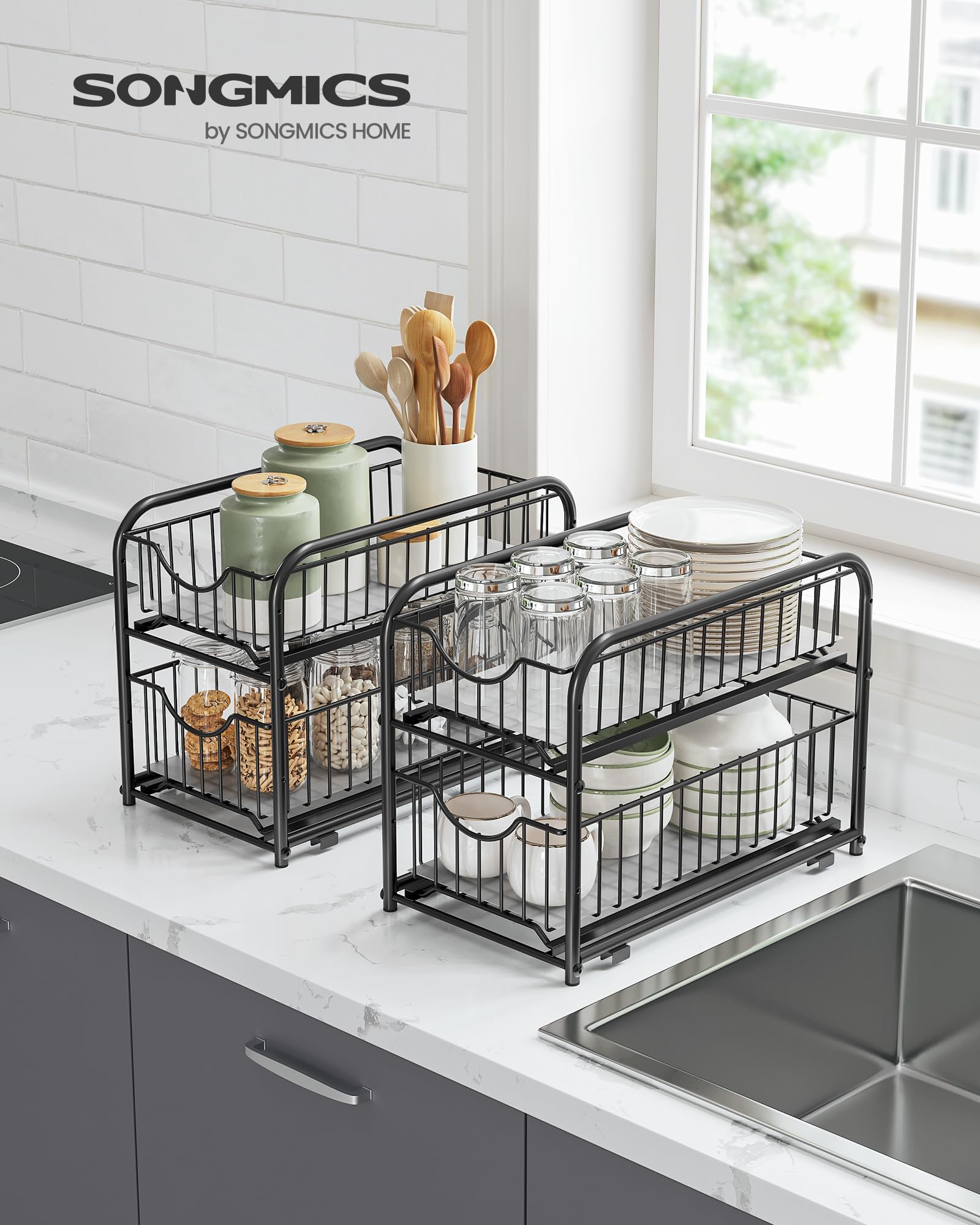 SONGMICS 2-Tier Pull Out Cabinet Organizers, Under Sink Organizer, Bathroom Organizer and Storage, Sliding Basket Drawers, Stackable for Kitchen, Bathroom, Ink Black UKCS017B01