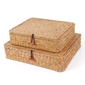 moosky flat wicker shelf baskets with lid, seagrass woven basket boxes for storage basket bins multipurpose home decor organizer (natural set of 2)