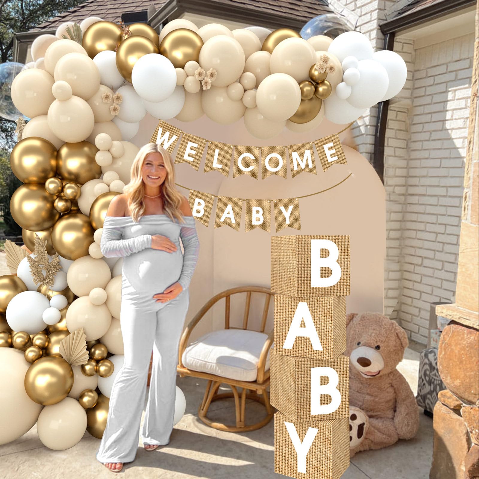 Boho Baby Shower Decorations-97Pcs Burlap Grain Baby Boxes,Nude and Gold Balloons Arch Kit and "WELCOME BABY" Banner for Neutral Baby Shower Decorations,Birthday Party Supplies,Gender Reveal