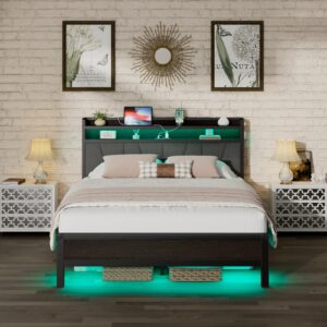 LUXOAK Full Size Bed Frame with RGBW LED Lights & Charging Station, Linen Upholstered Headboard with 2-Tier Storage, Stable Metal Platform, Easy Assembly/No Box Spring Needed/Noise-Free, Black