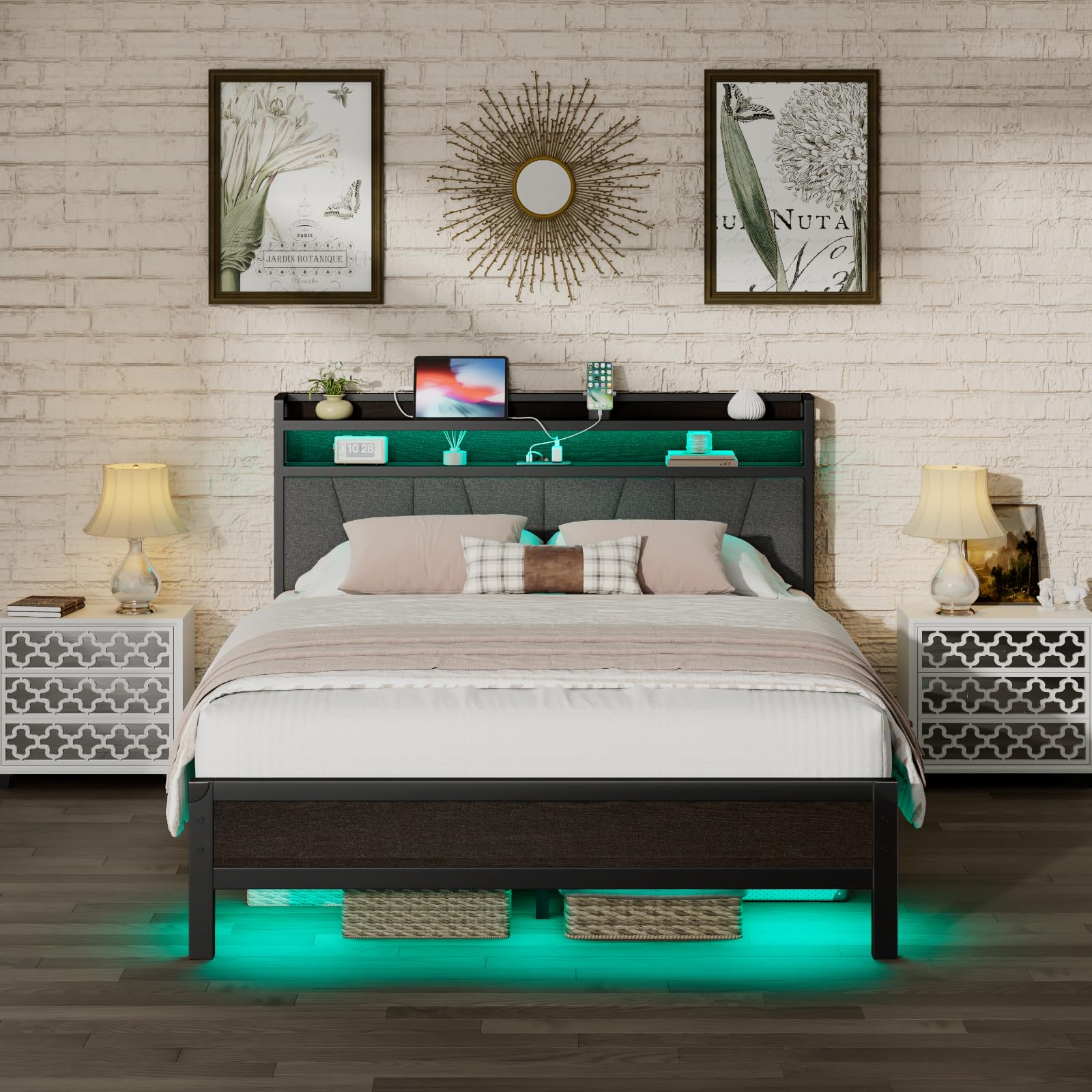 LUXOAK Full Size Bed Frame with RGBW LED Lights & Charging Station, Linen Upholstered Headboard with 2-Tier Storage, Stable Metal Platform, Easy Assembly/No Box Spring Needed/Noise-Free, Black