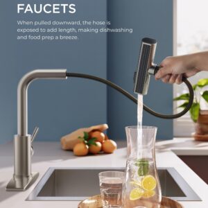 FORIOUS Kitchen Faucet with Pull Down Sprayer, Brushed Nickel Kitchen Faucets Stainless Steel, Waterfall Kitchen Sink Faucet 3 in 1 Function, Modern Faucet for Kitchen Sink, Bar, Laundry, Rv