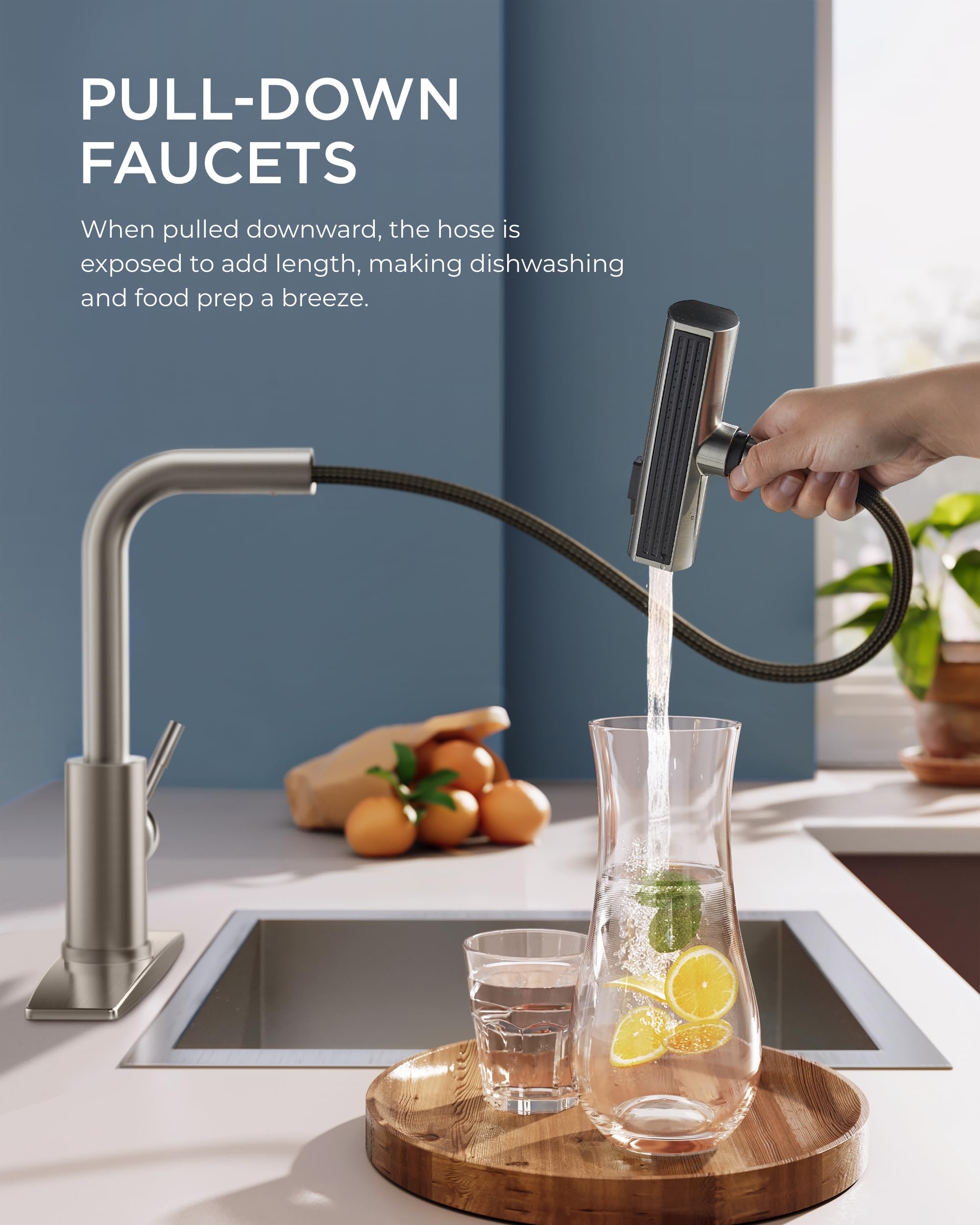 FORIOUS Kitchen Faucet with Pull Down Sprayer, Brushed Nickel Kitchen Faucets Stainless Steel, Waterfall Kitchen Sink Faucet 3 in 1 Function, Modern Faucet for Kitchen Sink, Bar, Laundry, Rv