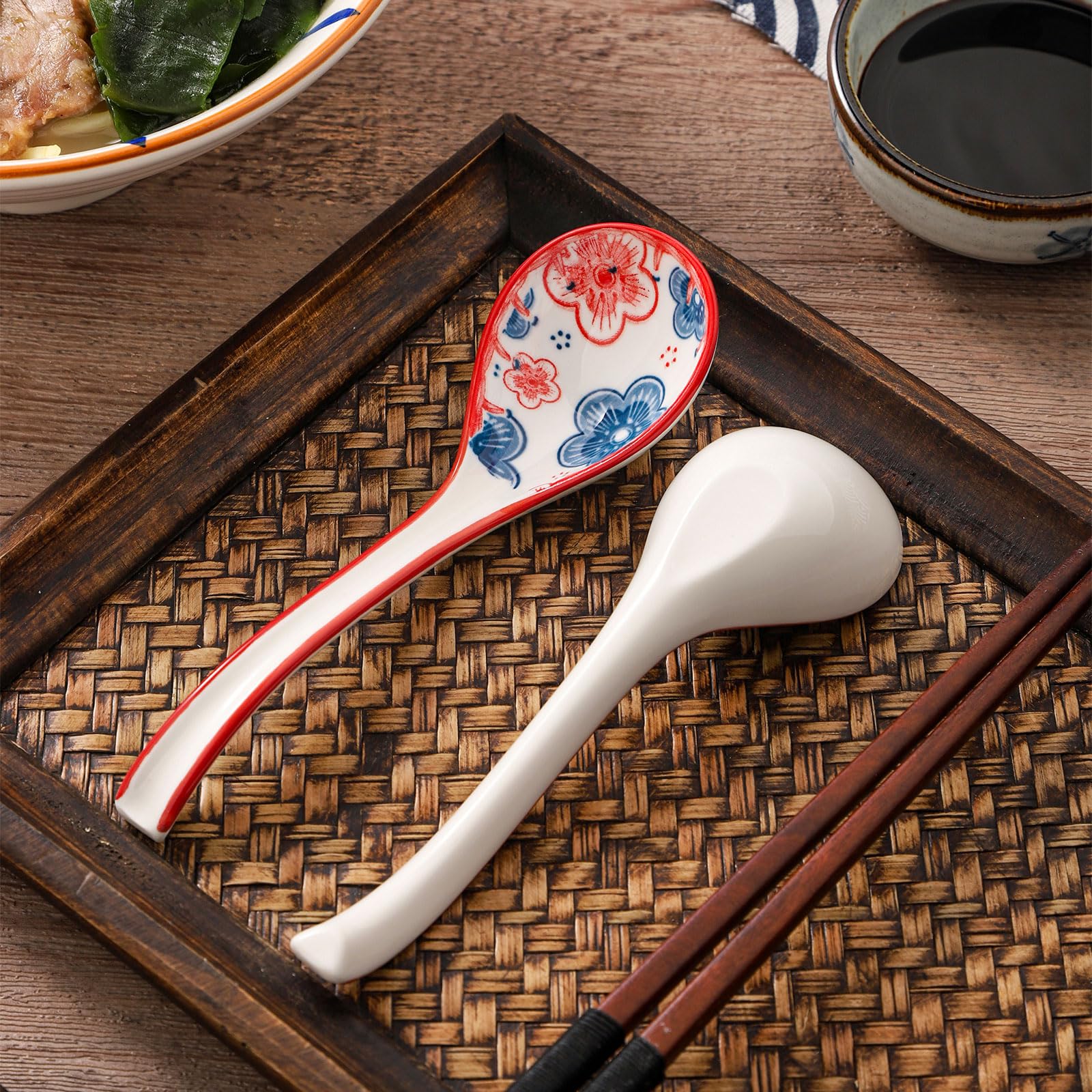 WHJY Asian Soup Spoon, Ceramic Ramen Spoon, Ramen Soup Spoon, Chinese Ceramic Spoons, Miso Soup Spoons Dumpling - Set of 4 Flora