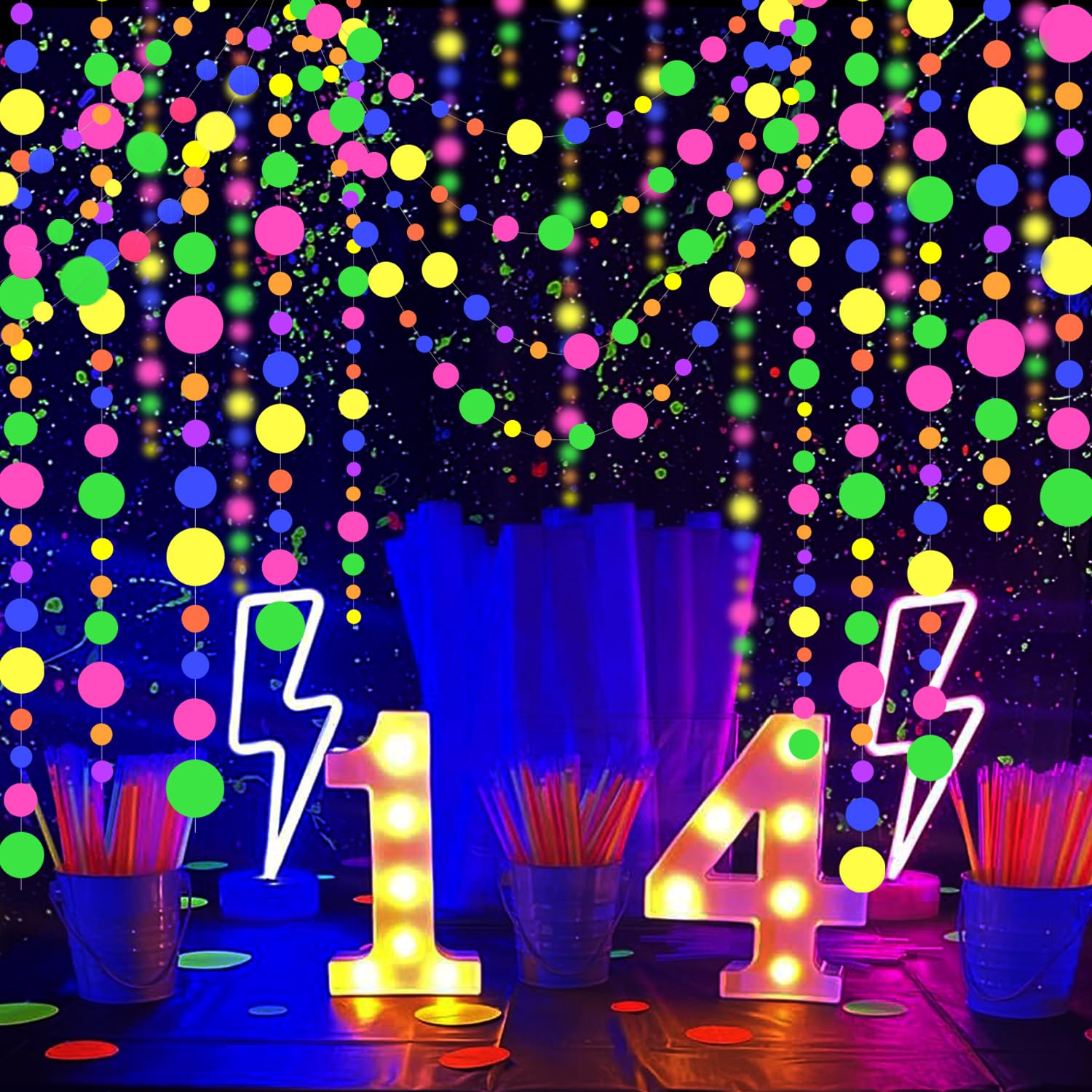 120feet UV Round Dot Paper Neon Garland Neon Streamers Neon Decorations Glow Party UV Reactive Black Light Neon Party Favors Glow in The Dark Party Supplies for Party Wedding Birthday Garlands