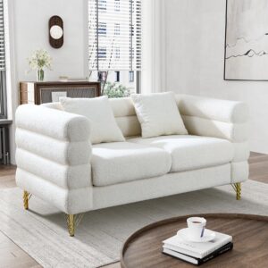 Wrofly Cloud Couch for Living Room, 59" Modern Overstuffed Deep Seat Boucle Sherpa Loveseat Sofa with 2 Pillows, Comfy Upholstered 2 Seater Love Seat for Bedroom Office, Beige White Teddy