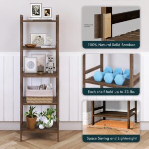 HITNET Bamboo Book Shelf, Tall Narrow Bookcase, Bathroom Shelving Unit 5 Tier Floor Standing Adjustable Bookshelf for Small Spaces, Walnut