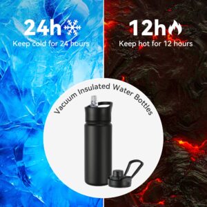 16 oz Insulated Water Bottle with Straw Lids, Stainless Steel Kids Water Bottles for School, Double Wall Vacuum Metal Water Bottle with Straw & Wide Mouth Lid, Black 1 Pack