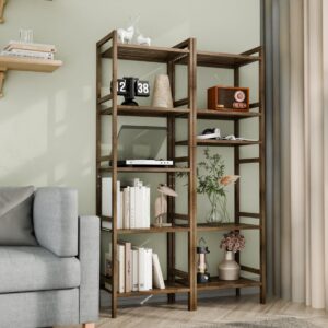 HITNET Bamboo Book Shelf, Tall Narrow Bookcase, Bathroom Shelving Unit 5 Tier Floor Standing Adjustable Bookshelf for Small Spaces, Walnut