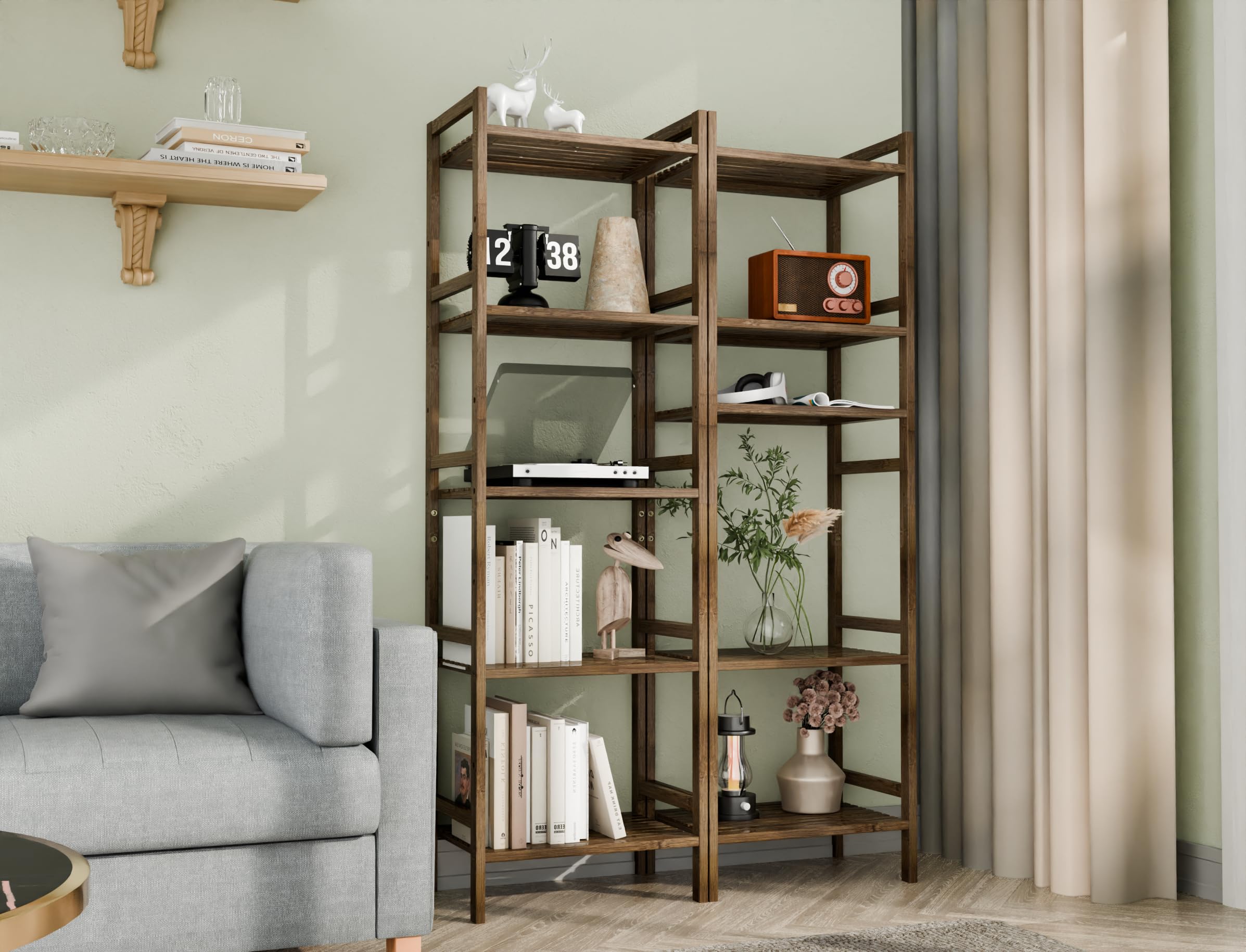 HITNET Bamboo Book Shelf, Tall Narrow Bookcase, Bathroom Shelving Unit 5 Tier Floor Standing Adjustable Bookshelf for Small Spaces, Walnut