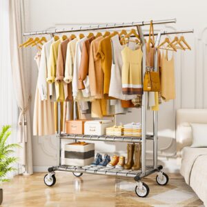 HYSEYY Heavy Duty Clothes Rack, Rolling Clothing Rack With Shelves Load 620 LBS, Double Rod Clothing Racks for Hanging Clothes, Portable& Adjustable Clothes Rack with Wheels Garment Rack