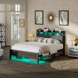 LUXOAK Full Size Bed Frame with RGBW LED Lights & Charging Station, Linen Upholstered Headboard with 2-Tier Storage, Stable Metal Platform, Easy Assembly/No Box Spring Needed/Noise-Free, Black