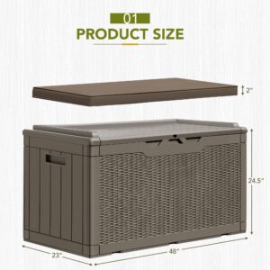 GUNJI 100 Gallon Resin Deck Box with Cushion,Outdoor Weatherproof Large Storage Box,Lockable Storage Container for Patio Furniture,Garden Tools,Pool Supplies (Light Brown)