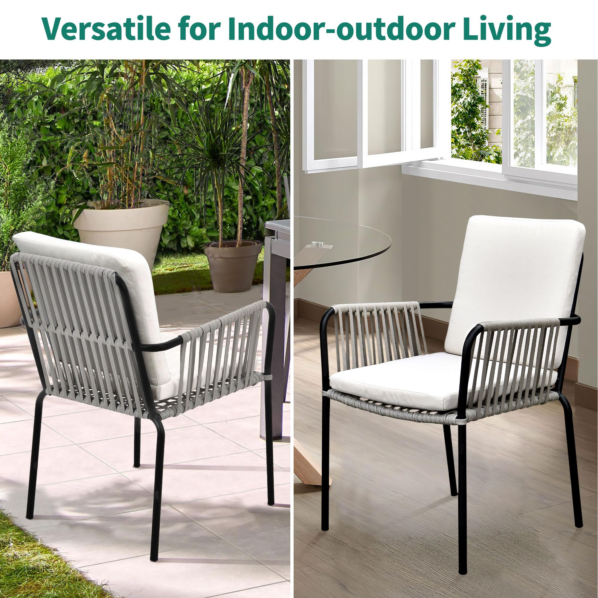 YITAHOME Outdoor Dining Chair Set of 4, All-Weather Rope & Rattan Woven Chairs, Indoor-Outdoor Armchair Seating for Patio, Backyard, Poolside, Balcony - Grey Rattan & Beige