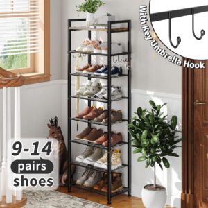 Simple Trending 8 Tiers Shoe Rack 16 Pairs Tall Wooden Plank Shoe Shelf with Hooks for Closet Entryway Organizer Sturdy Free Standing Shoe Storage Cabinet，Black