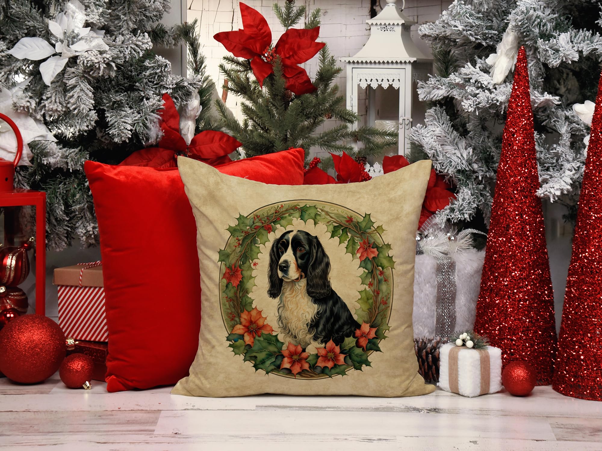 Caroline's Treasures DAC2443PW1414 Welsh Springer Spaniel Christmas Flowers Throw Pillow Machine Washable, Indoor Outdoor Decorative Pillow for Couch, Bed or Patio, 14Hx14W