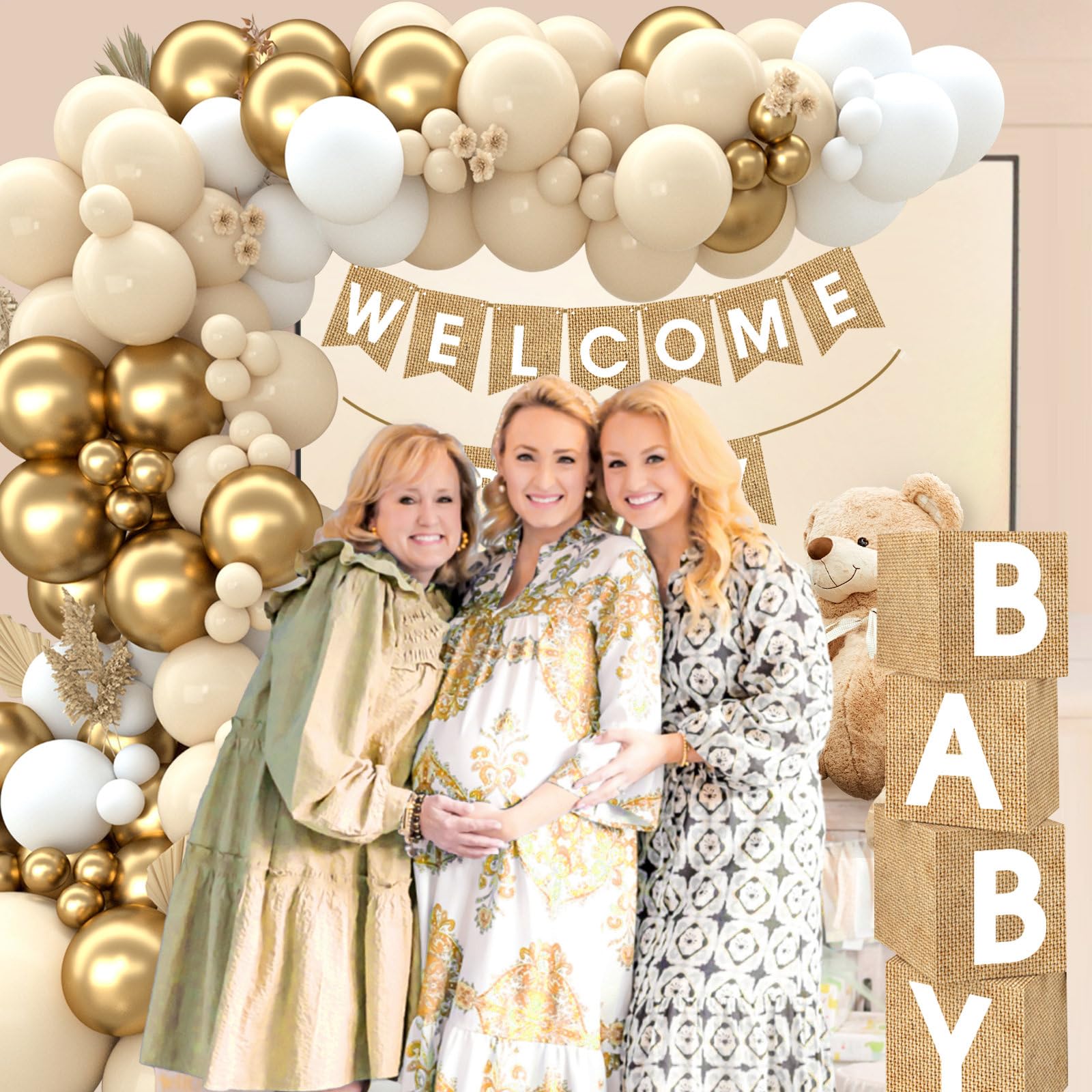 Boho Baby Shower Decorations-97Pcs Burlap Grain Baby Boxes,Nude and Gold Balloons Arch Kit and "WELCOME BABY" Banner for Neutral Baby Shower Decorations,Birthday Party Supplies,Gender Reveal