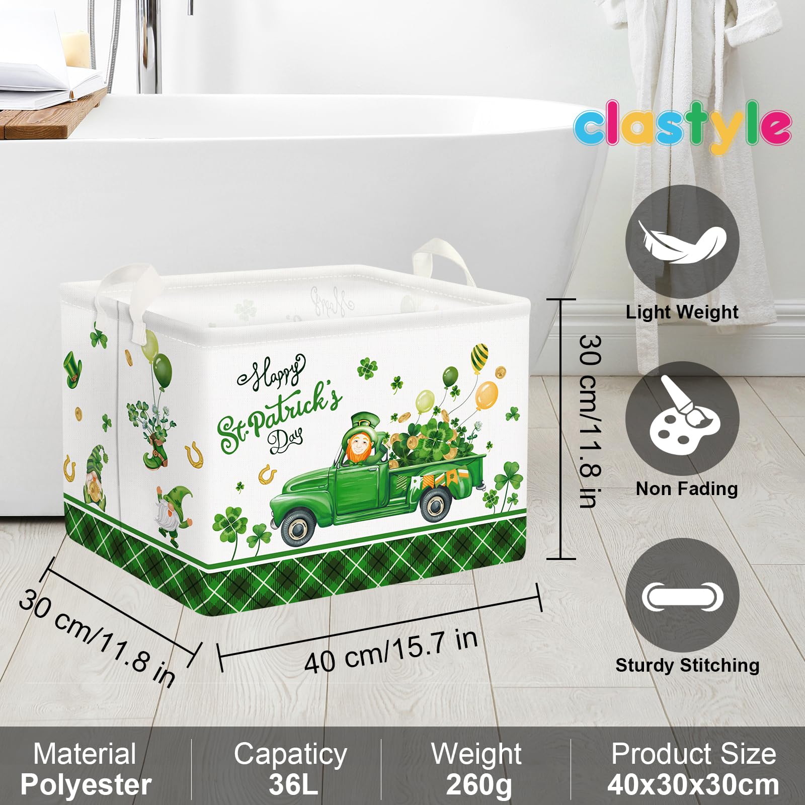 Clastyle St. Patrick's Day Four-leaf Clover Gift Basket Green Balloon Gnome Truck Kid Shelf Basket Rectangle Buffalo Plaid Clothes Book Toy Toy Storage Cube, 36L