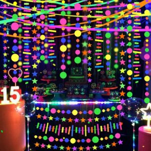 120feet UV Round Dot Paper Neon Garland Neon Streamers Neon Decorations Glow Party UV Reactive Black Light Neon Party Favors Glow in The Dark Party Supplies for Party Wedding Birthday Garlands